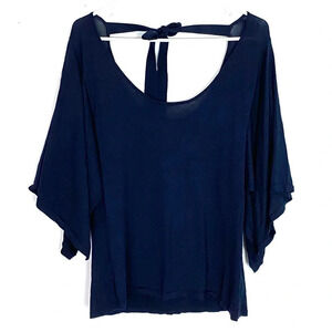 LEWIT Sweater Womens Size XL Tie Open Back Pullover Navy Blue Flutter Sleeve